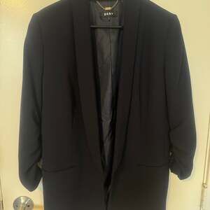 DKNY Women's Black Ruched 3/4 Sleeve Shawl Collar Open-Front Blazer 14